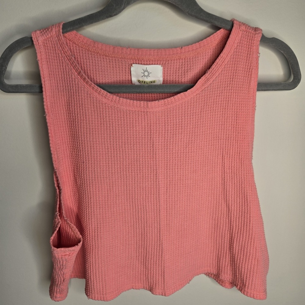 Aerie Offline M Medium Boxy Pink Waffle Knit Cropped Top Beachy - Picture 2 of 8